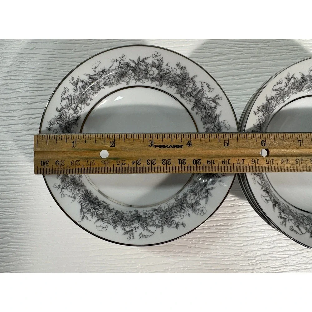 Sango Fine China Florentine Soup Bowls Set of 6 Grey Floral Platinum Japan S0065